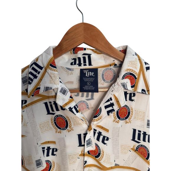 NWT Miller Lite Beer Hawaiian Shirt Men’s L Button Up Short Sleeve Lager Logo - Picture 2 of 8
